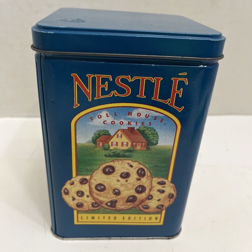 Vintage Nestle Limited Edition Toll House Cookie Tin Empty Blue 6.5”x4.5”